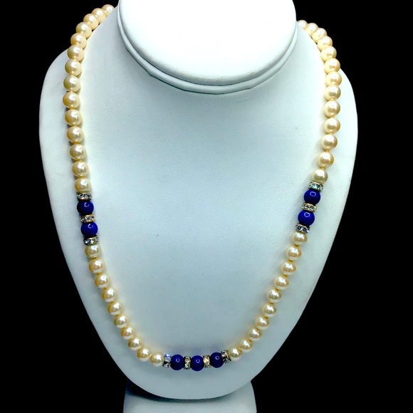 🌺Vintage Pearl & Lapis Necklace - Picture 6 of 15
